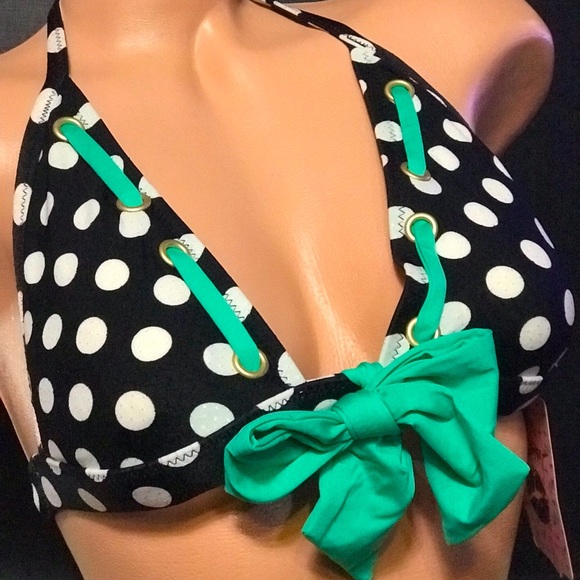 Betsey Johnson polka dot bikini at the hop vintage swimsuit black white aqua nwt - Picture 2 of 9